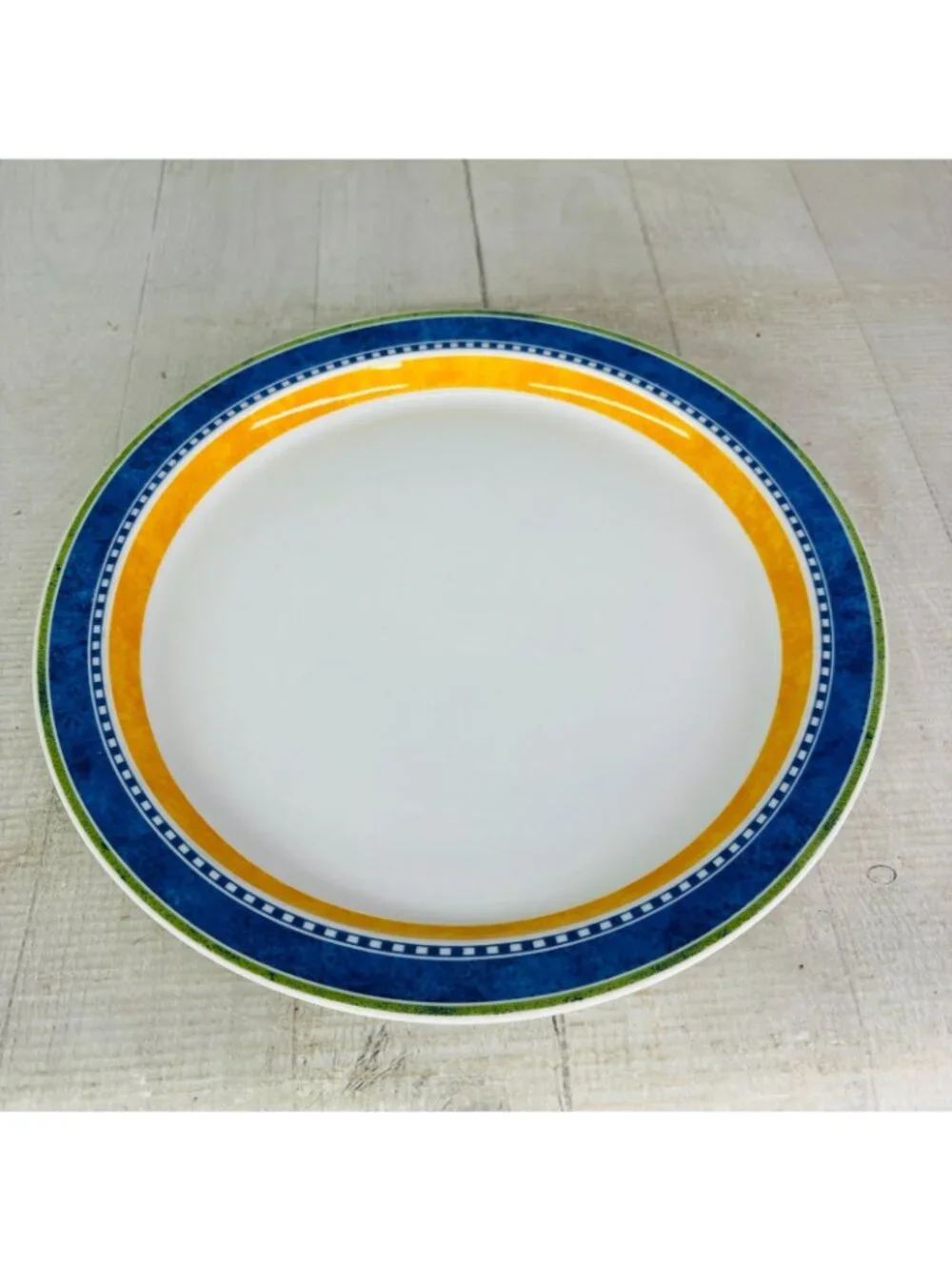 Dansk Bistro KOBENHAVN Blue Yellow Band Smooth Green Trim Dinner Plates Set of 4